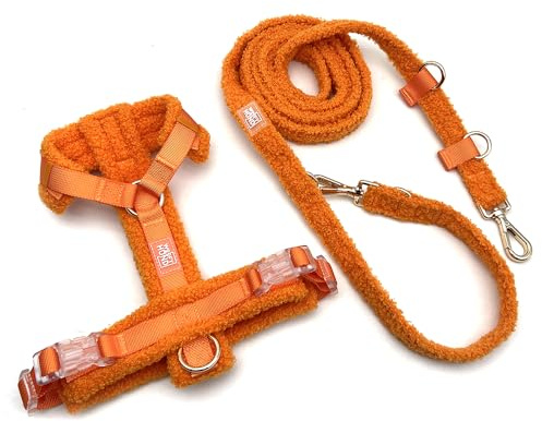 Hundegeschirr Set mit Hands-Free Leine – Gepolstertes Y Brustgeschirr für Hunde aus Teddy-Stoff, 4-Fach verstellbar, Anti-Zug Laufgeschirr zum Joggen & Spazieren für kleine & große Hunde(Orange, S)