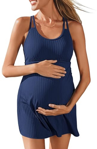 Summer Mae Ribbed Maternity One Piece Swimsuit Dress Wrap Bathing Suit with Built-in Pocket Short Swimwear Tie Knot Skirt Blue 14
