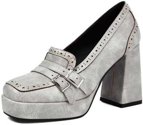 Loafer pumps plattform dam tjock blockklack spänne detalj arbetsskor kontorsskor bekväma plattformspumpar kontor arbete, Grå, 42 EU