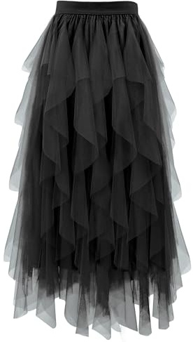 Girstunm Layered Mesh Skirt for Women Midi Length High Waisted A-line Skirts Fairy Halloween Costume Black Small