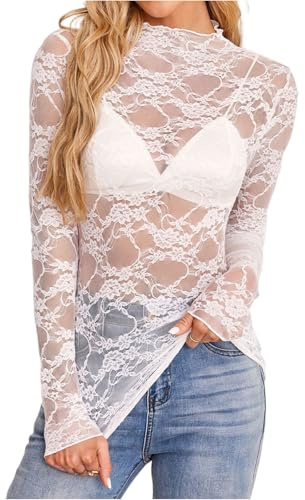Genérico Top Encaje Mujer Y2k Noche Sexy Fiesta Camiseta Encaje Mujer Salir Transparentes Encaje Transparente Blusas