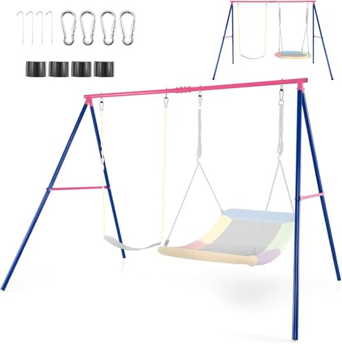RELAX4LIFE Schaukelgestell Outdoor, Schaukel Gestell aus Metall bis 300 kg belastbar, Schaukelgerüst mit Bodenanker, Stabiler Doppelschaukel für Kinderschaukel & Nestschaukel, Rot+Blau (Nur Gestell)