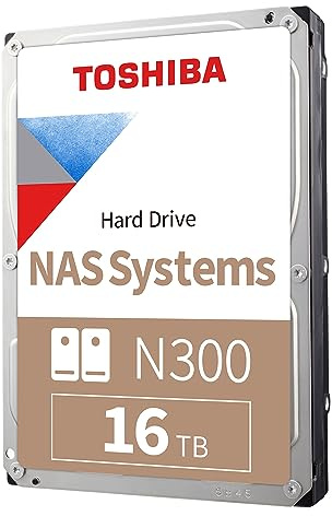 Toshiba N300 16TB Internal NAS Hard Drive, 3.5'' SATA HDD, 7200 RPM, 24/7 Operation, Supports 1-8 Bay Systems, 128MB Cache, 180TB/Year workload, 3yr Warranty (HDEXZ11ZNA51F).