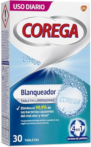 Corega Blanqueador Tabletas Limpiadoras Para Prótesis Dentales, Elimina las Manchas, Uso Diario, 30 Tabletas