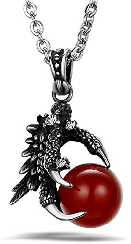 JewelryWe Schmuck Biker Herren Edelstahl Halskette, Drachen Klaue Herren-Anhänger mit 55cm Kette, Schwarz/Rot Silber