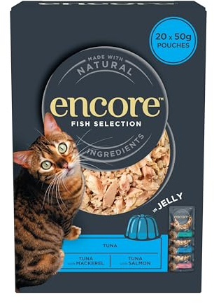 Encore Cibo umido naturale per gatti, confezione multipla di tonno con selezione di pesce in bustina di gelatina da 50 g (confezione da 20 buste) (l'imballaggio può variare)