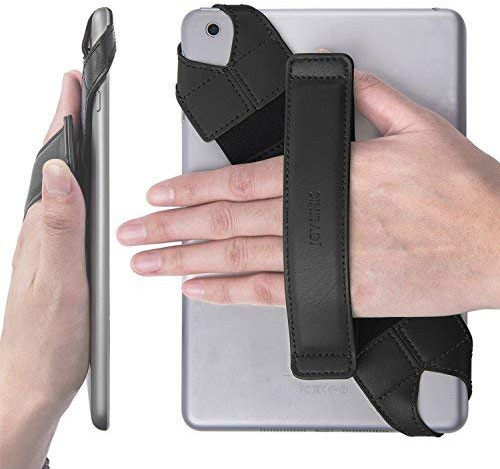 JOYLINK Universal Tablet-Handschlaufe, 360 Grad drehbarer Ledergriff mit elastischem Gürtel, sicher und tragbar für Tablets von 7,9-8,4 Zoll (Samsung Asus iPad mini), Schwarz