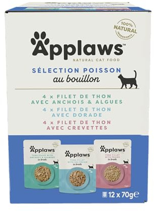 Applaws Comida Húmeda para Gatos 100% Natural Multipack de Selección de Pescado en Caldo para Gatos Adultos - 12 Sobres de 70g