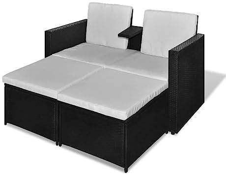 vidaXL Lounge mit 2 Fußbänke Poly Rattan Schwarz Liege Sonnenliege Gartenliege