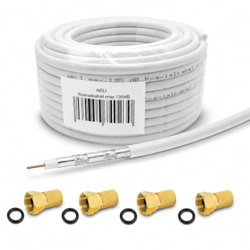 ARLI 20m Koaxialkabel max. 135 dB + 4x F-Stecker vergoldet mit Dichtring 5-fach geschirmt Sat Antennenkabel TV Kabel Koax Kabel 75 Ohm DVB-S2 DVB-T2 DVB-C2 BK-Anlagen Satkabel UHD Full HD 4K Weiß