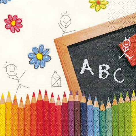 20 Servietten Einschulung Deko mit ABC und Buntstifte zur Einschulung Mädchen und Junge. Servietten Schulanfang mit Stifte, ABC für Schulkind Schuleinführung Tischdeko bunt 33x33cm