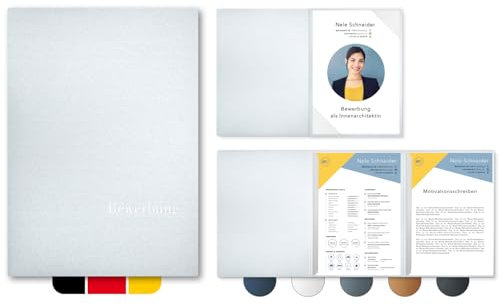 5 Stück 3-teilige Bewerbungsmappen Esclusiva® Exzellent in Silber mit 2 Klemmschienen // in 1A-Premium-Qualität mit hochwertiger Flach-Prägung „BEWERBUNG“ // Produkt-Design von Mario Lemani