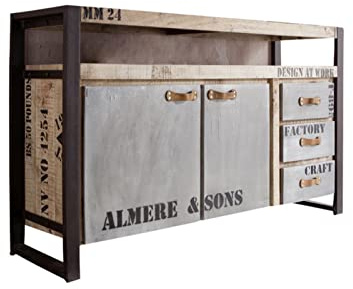 MASSIVMOEBEL24.DE | Factory Sideboard aus Massivholz #143 aus Mango-Holz - Natur, Bedruckt 3 Schubladen - 2 Türen 145x40x85 cm Kommode Tv-Sideboard Wohnzimmer-Schrank