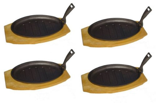 TAMLED SET Servierpfanne oval Gusseisen mit Holzuntersetzer - 4 Stück