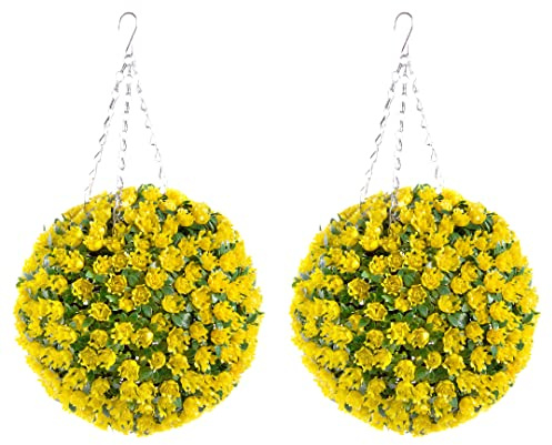 Best Artificial Pair of 28cm Yellow Rose Topiary Hanging Flower Balls **UV Fade Protected**