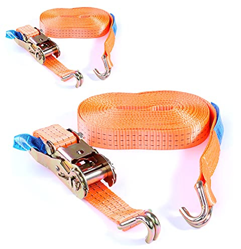 2X Spanngurt mit Ratsche und Haken 8 m bis 3000 kg, bis 3,0 t / 3000 daN, zweiteilig 2-TLG Ratschengurt orange, 35 mm Gurtbreite Zurrgurt