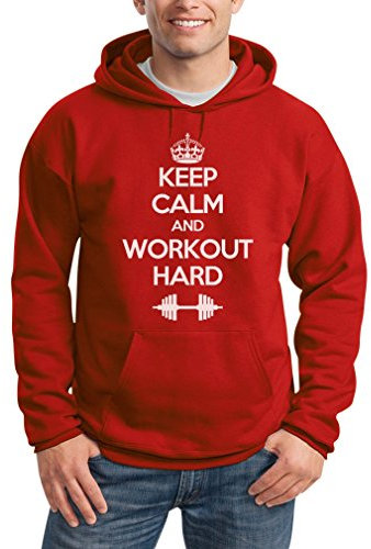 Hoodie Herren Gym Kraftsport Kleidung - Keep Calm and Workout Hard Rot Small Kapuzenpullover Männer Sweatshirt Spruch Pullover mit Kapuze