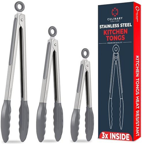 Kitchen Tongs with Silicone Tips Set of 3 Heat Resistant Tongs for Serving Food, 7-Inch, 9-Inch, 12-Inch Locking Silicone Tongs for Cooking, Salad Tong, Grey Kitchen Utensils