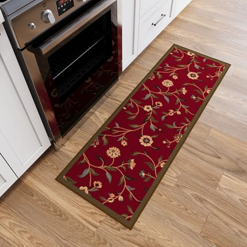 Ottomanson Tapis de couloir collection Ottohome dos en caoutchouc motif feuilles style contemporain 50 cm x 150 cm rouge