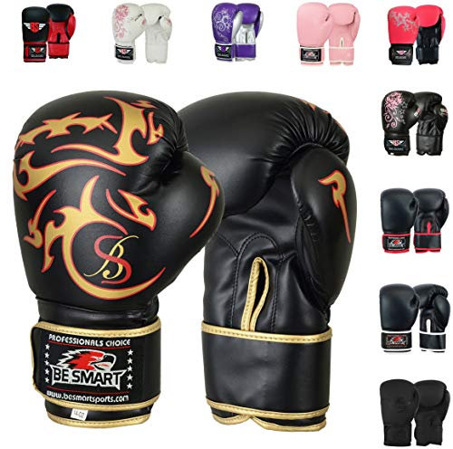 BeSmart Kinder-Boxhandschuhe, Gel-Handschuhe, 4 / 6 Unzen, für Mixed Martial Arts, Kinder damen Herren, Golden Tattoo, 227 g
