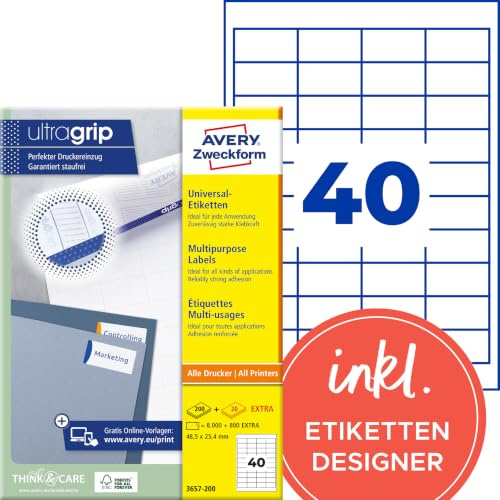 AVERY Zweckform 3657-200 Universal Etiketten (8.000 plus 800 Klebeetiketten extra, 48,5x25,4mm auf A4, Papier matt, individuell bedruckbar, selbstklebende Aufkleber mit ultragrip) 220 , weiß