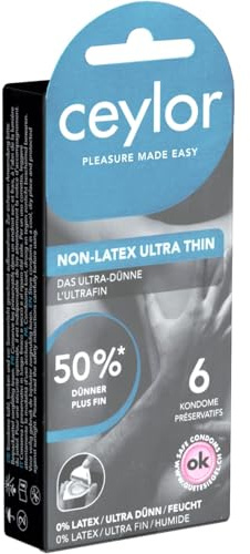 Ceylor Non-Latex 6 ultradünne, latexfreie Kondome für Allergiker, hypoallergen & geruchslos, im hygienischenDösli, einfach zu öffnen, schnelleres Überziehen, Premium-Qualität