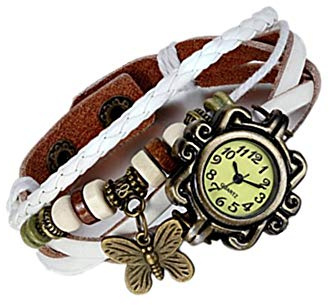 JewelryWe Damen Armbanduhr, Retro Vintage Analog Quarz Uhr mit Schmetterling Beads Kugeln Charm Leder Armkette Armband, 5