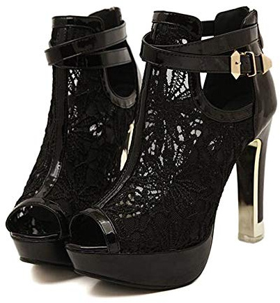 getmorebeauty Women's Pretty Lace Flowers Open Toes High Heels Ankle Boots (US 7.5, Black)