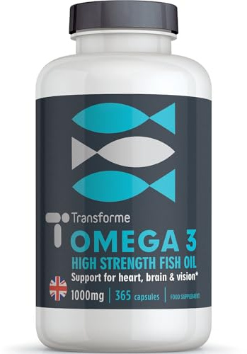 Transforme Omega 3 Fish Oil 1000mg 365 Softgels, Pure High Strength, Balanced EPA & DHA, Natural Vitamin E, UK Made to GMP Standards