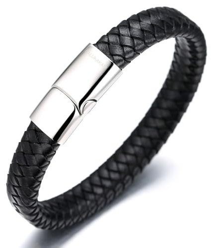 HALUKAKAH ● Solo ● Herr Äkta Läderarmband Klassisk Stil Spänne av Titan med Magenter 8.46(21.5cm) med Gratis Presentbox(Svart)