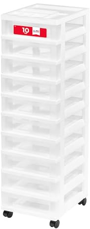 IRIS USA 10-Drawer Rolling Storage Cart, White/Clear