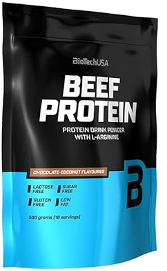 BioTechUSA Beef Protein | Hydrolysiertes Rinderprotein-Peptid | 87 % Proteingehalt | Mit L-Glutamin & L-Arginin | Ohne zugesetztes Kreatin | Zuckerfrei, Fettarm | 500 g, Schoko-Kokos