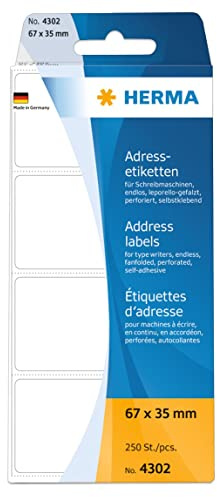 HERMA 4302 Adressetiketten für Schreibmaschinen, endlos, 67 x 35 mm, 250 Stück, selbstklebend, matt, leporello-gefalzt, blanko Papier Adressaufkleber Klebeetiketten Aufkleber, weiß