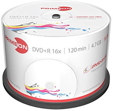 Primeon DVD+R 4.7GB/120min/16x Cake Box, Photo-on-Disc, Inkjet Full Size Printable Surface (50 Disc), White, 2761226