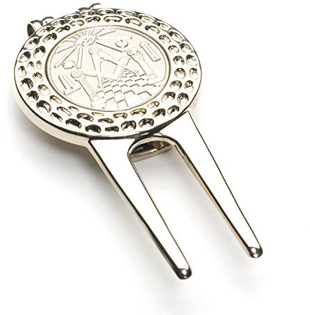 The Masonic Collection Pitchgabel Reparaturwerkzeug mit Golfballmarker, versilbertes Design mit Freimaurer-Ensignen, ein nützliches Geschenk für Freimaurer