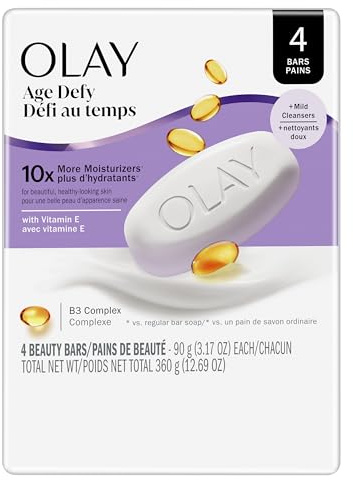 Olay Beauty Bar, Age Defying, 10x More Moisturizers, Smooth & Gentle on Skin, Vitamin E & Vitamin B3 Complex, For All Skin Types, Shea Butter Scent, 3.17 oz, (Pack of 4)