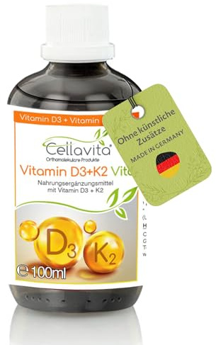 Cellavita – Vitamin D3 K2 Vita Tropfen 1000 i.e. 100ml mit MCT-Öl auf Kokosbasis– Veg. Vitamintropfen D3/K2 (MK-7 All-Trans-Form) – Nahrungsergänzungsmittel hohe Bioverfügbarkeit & zusatzstofffrei