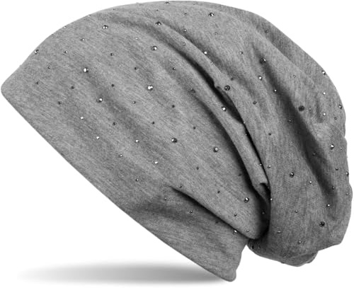 styleBREAKER Damen Beanie Mütze mit edler Strass-Nieten Applikation, Longbeanie Slouch 04024037, Grau