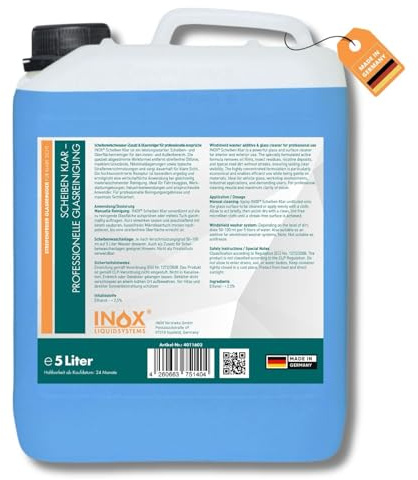 INOX® Scheibenreiniger Konzentrat 5 L – Streifenfreier Scheibenwischwasser-Zusatz gegen Insekten, Ölfilm und Nikotin für Auto, Werkstatt und Haushalt