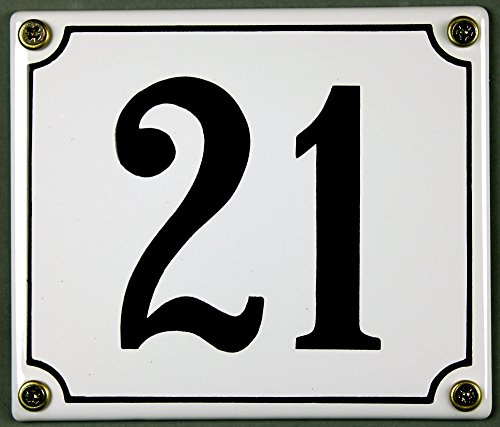 Emaille Hausnummernschild - Wählen Sie Ihre Nummer - Zahlen 1 bis 30 verfügbar - weiß/schwarz 12x12 cm und 12x14cm - sofort lieferbar! Hausnummer Schild wetterfest und lichtecht (21 weiß/schwarz 12x14cm)