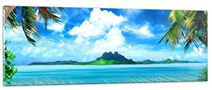 Moderne Impression sur Verre Plage vacances île palmier Image Tableau en Verre Decoration Murale 90x30cm Deco Cadre Salon Chambre Cuisine Panoramique Petit Tableaux Decoratifs Muraux Art GAB90x30-2528