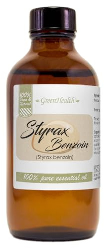 GreenHealth Styrax Benzoin Oil – 100% Pure Aromatherapy Grade – 4 fl oz – Thick Resinous Oil for Diffusers, Candles, Incense, DIY Blends – Amber Glass Bottle