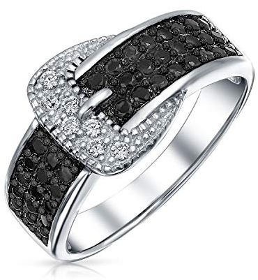 Bling Jewelry Modischer Pavé-Zirkonia-Schwarz-CZ-Statement-Gürtelschnallen-Bandring für Damen .925 Sterlingsilber