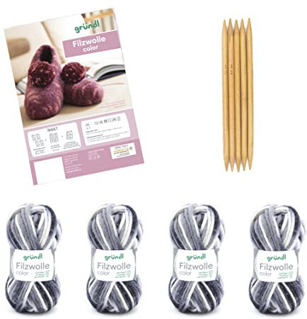 Gründl Wolle Filzwolle color - Dicke Wolle zum Filzen in der Waschmaschine für 1 Paar Hausschuhe mit Anleitung und Nadel - Weich und hautfreundlich - 100 % Schurwolle - 4 Knäuel 50 g/50 m - Schwarz