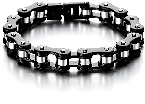 COOLSTEELANDBEYOND Masculin Noir Argent Deux Tons Bracelet en Acier Inoxydable pour Homme - Bracelet Chaîne de Vélo Moto