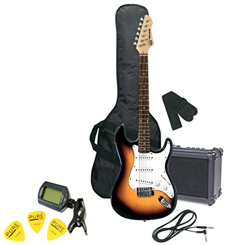 GEWA guitarra eléctrica, Guitar Pack RC-100 Set sunburst, Cuerpo de madera de tilo macizo, Mástil de arce, Diapasón de madera de pakka, incl. amplificador, funda y accesorios para el inicio perfecto!