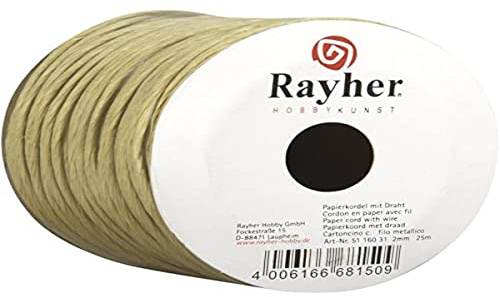 Rayher Hobby 5116031 - Cordón de Papel con Alambre de 2 mm de diámetro, Rollo de 25 m, Alambre de Papel Natural, con Inserto de Alambre, para Manualidades