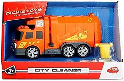 Dickie Toys City Cleaner, Müllauto, Müllabfuhr, Müllwagen, Straßenreinigung, Spielzeugauto mit Mülltonne, Licht & Sound, inkl. Batterien, 15 cm, grün, ab 3 Jahren
