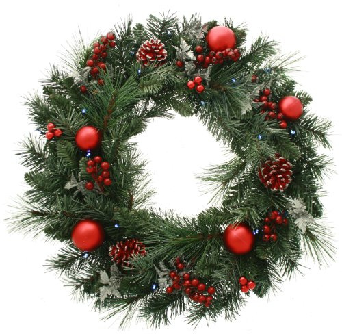 WeRChristmas Pre-Lit, Pre-Decorated Wreath, 20 Ice White LED Lights, 60 cm