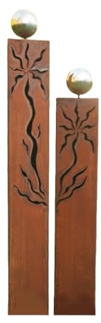 Gartendekoshop24 - Gartendeko Rost, Metall. Rostsäulen, 2er, für draußen, 100/80 cm, mit Edelstahlkugeln. Handgefertigte Gartensäulen aus Edelrost in Dreiecksform mit Muster, Outdoor, wetterfest.